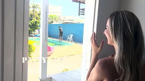 Red and sheer amateur MILF gets pool cleaned