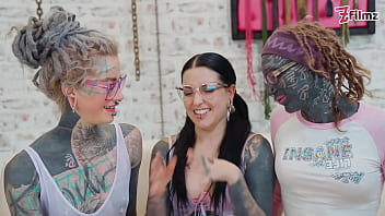 ALT tattoo ANAL threesome with GAPES, fisting, gagging on cock and cum on glasses