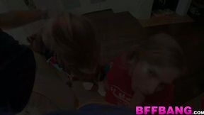 Teen blonde BFFs give a blowjob to a huge-dicked friend before doggystyle fuck