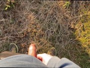 Horny guy takes a piss and handsfree cumshot