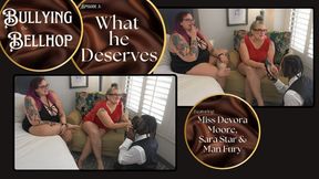 Bullying the Bellhop 3 What He Deserves: OctoGoddess, Sara Star and ManFury in Taboo Femdom Double Domination with Dirty Shoe Sniffing, Masturbation Encouragement, Humiliation and Foot Domination 720p