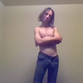 Transgirl Pre-op Topless in Only Jeans, Aroused  Self-photography Posing