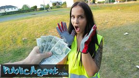 Public Sex Hot brunette criminal is taken into the woods for an outdoors fucking