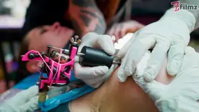 Merry's Tattooed Lover rides big dick in standing foursome