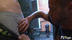 Older muscular man sucks deep a guy with big cock and swallows cum