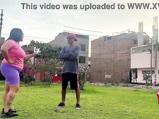 Obese mother I'd like to fuck does stretches outdoors, and cardio with her coach in her room