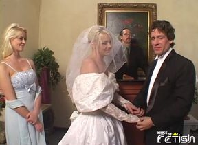 Pretty bride gets rough fucked by two masked guys in her weeding night