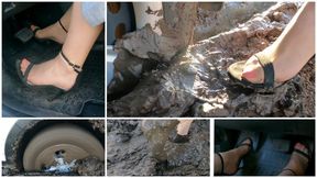 Mud stuck in car wearing retro outfit_Creta in deep mud