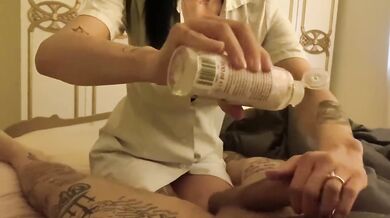 Nurse's oily hands wreck my cock while tattooed girl watches