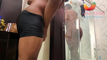 watching our ebony black big ass maid take her shower and get her laid
