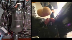 Session in the pillory with Latex Catsuit, PA Chastity, Giant Didildo and Estim
