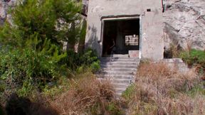 A redhead girl in fishnet stockings and black boots, bent over and slammed doggystyle in the countryside!