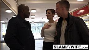 Busty brunette takes gets banged in front of her guy
