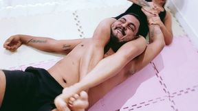 Intense Mixed Wrestling Domination: Brazilian Brunette Scissorholds and Squeezes Him Out