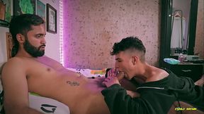Sexy Twink Andres ZP Passionately Sucking Camilo Brown'_s Big Uncut Daddy Cock