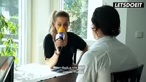 Mature blonde German COUGAR interviews him at the table before begging for