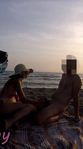 French Teacher Extreme Public Blowjob on Nudist Beach with Voyeurs and Cumshot
