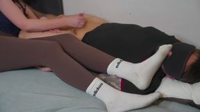 Sockjob footjob with adidas white socks, cum inside sock