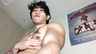College Asian Jock Solo Flexing And Massaging Muscles
