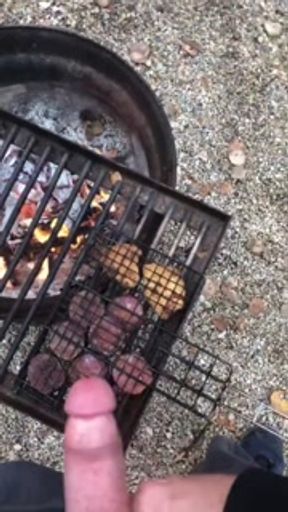 Cooking Food &amp; Jerking By The Campfire, Cumming All Over My Meat, Then Pissed On The Fire To Put Out