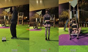 Femboy exhibitionist twerks naked on heels before cumming in public park