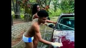 Car washing turned for juicy Brazilian floozie Sandra into nasty  double-barreled threesome outdoor action