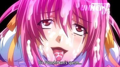 Pink-haired anime girl in military uniform takes cumshot from multiple partners