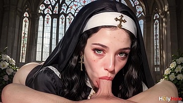 A skinny brunette nun hikes up her habit and fucks among the church flowers.[Ai]