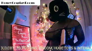 Sexy Honey Fucks Hard in Black Cat Cosplay Room, Pt.1, Dildo Teasing and Riding