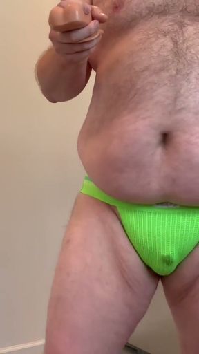 Big Belly Bear fucks himself and squirts through jockstrap!   Clip 1