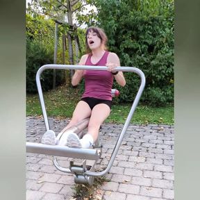 Outdoor workout with vibrator for ass and cock! Tranny cums straight into her shorts!