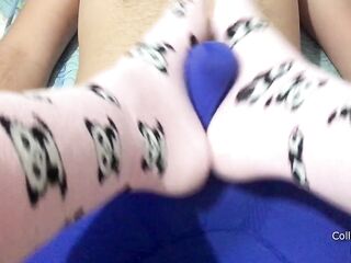 Footjob on cute socks over his underwear, cum through boxers