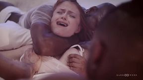 Petite redhead Lucy Huxley gags on big cock in hardcore interracial gangbang