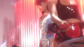 Masked latex babe takes toyed with by lesbian femdom