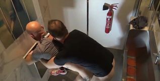 The French Muscle Pornstar Aymerci Deville Fucked Raw by A Top Stepdaddy in Public Toilet