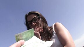 Jimena Lago rides a dick in public & gets a load over her glasses