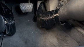 Pedal Pumping- Driving in steel heel stiletto boots and leather leggings