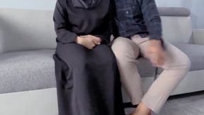 In the living room during the day, a hijab girl desperately fucks with her boyfriend up to a double crot