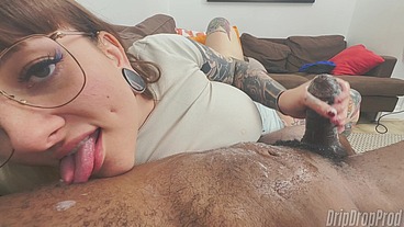 Split Tongue Goth PAWG Pennie Layne Loved Licking His Nipples While Jerking Him Off!!