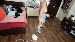 Sexy Brunette Having Fun Trying on Clothes. Sexy Mom Dances Naked Around the House.