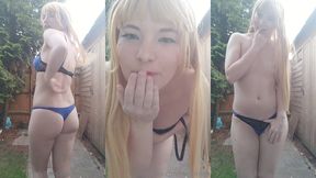 cheeky little garden strip-tease with my long blond wig and fun girly look