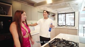 a mexican teen has a threesome with a colombian milf and her big-dicked boyfriend in her kitchen! full video