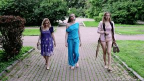 Three blondes Irene, Lilia and Valentina walk barefoot in the city after a summer rain (Part 5 of 6) #20211017