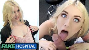 Blonde babe begs doc for tits, gets ravaged in fake hospital