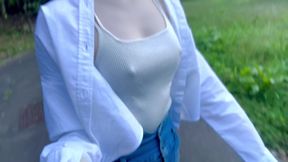 Stunning Japanese beauty flaunts huge E-cup in public without a bra
