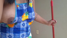 Hotwife Cleaning the Yard in Just an Apron and Slutty Panties