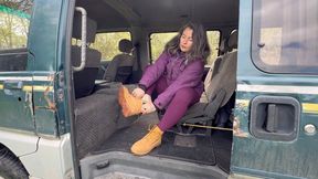 timberland boots without socks hiking in the forest avi