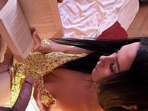 Hottest beautiful brunette babe plays with precum and balls to gather more cum later