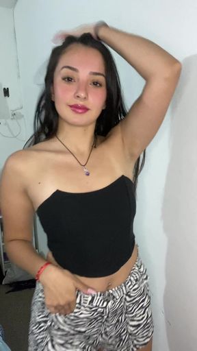 Teeny bopper shows off her perky tits in a group setting