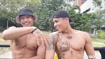 Muscular Latino Twinks Lucian Reed and Damond Oil Up and Jerk Off Outdoors